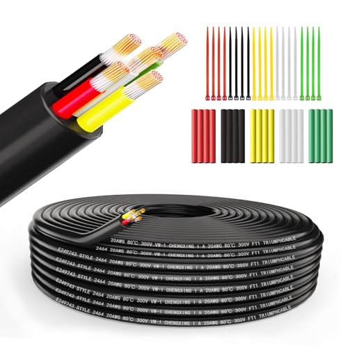 Wirelume 20AWG 5x0,5 mm² Elektrischer Kabel 5 Adrig Kabel 5V/12V/24V verseilt PVC Stromkabel 5FT/1,5M Niederspannung verzinntes Kupferkabel Mantelleitung Feuchtraumkabel Elektrokabel von Wirelume