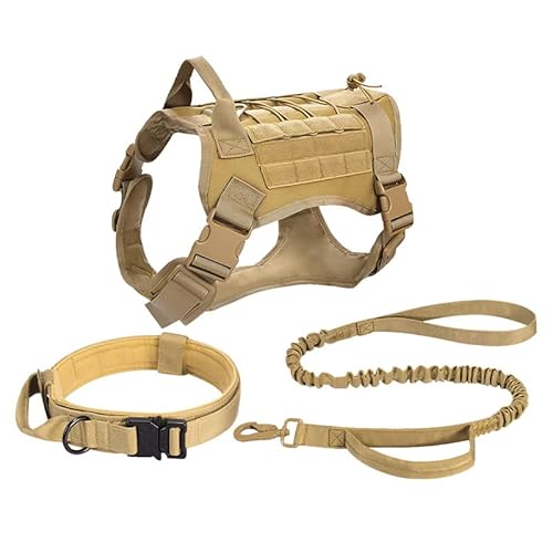 Taktisches Hundegeschirr-Halsband-Leine-Set für große Hunde, verstellbares militärisches Trainings-Nylon-Hundehalsband Hundewestengeschirr für das Training der Jagd und des Gehens (XL, Khaki) von Wirezar