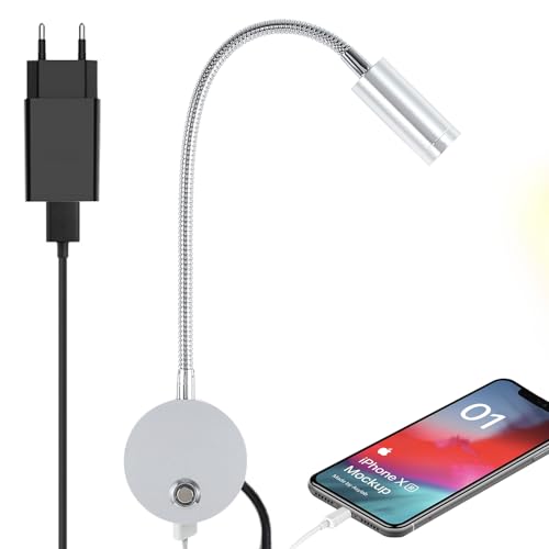 WisHomee Leselampe Wandmontage mit USB-Ladeanschluss, Nachttisch Wandleuchte LED-Wand montiert Kopfteil Lampe, flexible Wandleuchte, gebürstet Nickel fertig, Adapter Included (3W warm weiß) von WisHomee