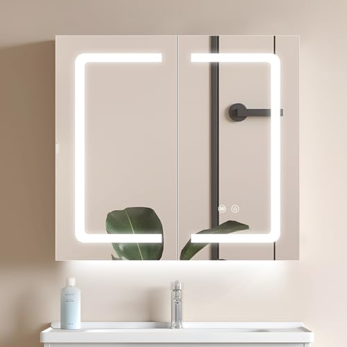 WisHomee Spiegelschrank Bad mit Beleuchtung und Steckdose 65 cm Breit, LED Schwarz Badezimmer Spiegelschrank mit Beleuchtung und Einstellbare Ablage, 2 Turen, Beheizt Antibeschlag, Dimmbar von WisHomee