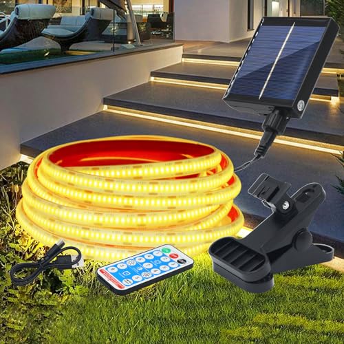 Wisada 12V Solar COB LED Band 2m, 8 Modi Lichtband Außen IP68 Lichterkette Selbstklebend, 320LEDs/m Superheller Warmweiß COB LED Strip Cuttable LED Streifen Mit Fernbedienung für Terrasse, Innenhof von Wisada