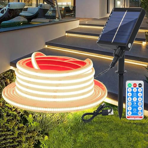 Wisada 12V Solar COB LED Streifen Selbstklebend, 1m 320LEDs/m Superheller Naturweiß COB LED Strip Cuttable LED Band，8 Modi Lichtband Außen IP68 Lichterkette Mit Fernbedienung für Terrasse, Innenhof von Wisada