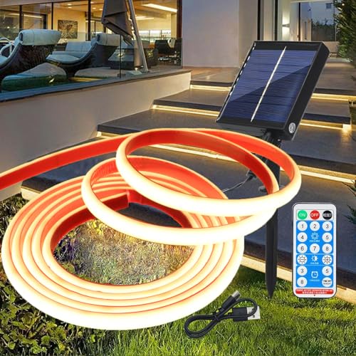 Wisada 12V Solar Dimmbare COB Neon Streifen Selbstklebend, 8 Modi Lichtband Außen IP68 Lichterkette, 1M 320LEDs/m Superheller Naturweiß COB LED Strip Cuttable LED Band für Terrasse, Innenhof von Wisada