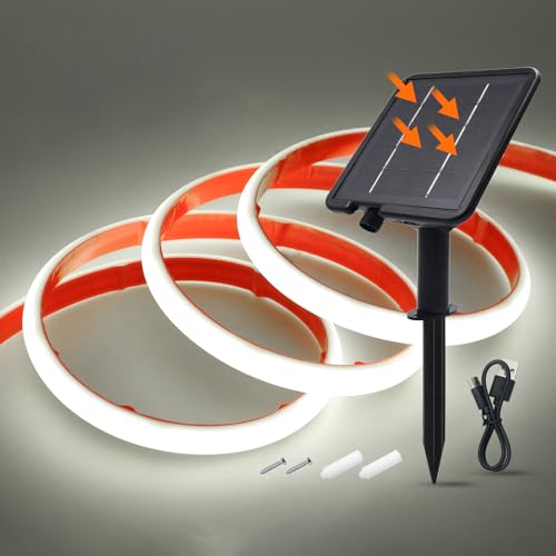Wisada 24V Solar COB Neon Band, 8 Modi Lichtband Außen IP68 Lichterkette Selbstklebend, 320LEDs/m Superheller COB LED Stripe Cuttable LED Streifen für Terrasse, Innenhof (Kaltweiß，5m) von Wisada
