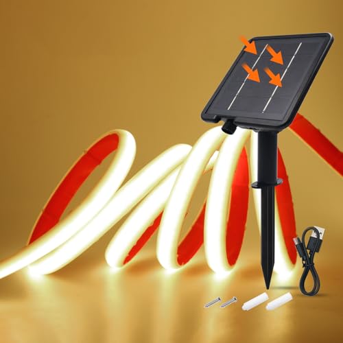 Wisada 24V Solar COB Neon Band, 8 Modi Lichtband Außen IP68 Lichterkette Selbstklebend, 320LEDs/m Superheller COB LED Stripe Cuttable LED Streifen für Terrasse, Innenhof (Naturweiß，5m) von Wisada