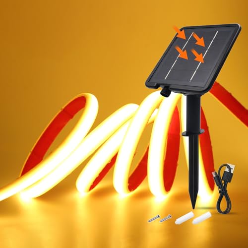 Wisada 24V Solar COB Neon Band, 8 Modi Lichtband Außen IP68 Lichterkette Selbstklebend, 320LEDs/m Superheller COB LED Stripe Cuttable LED Streifen für Terrasse, Innenhof (Warmweiß，4m) von Wisada