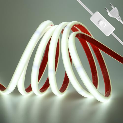 Wisada Anschluss an AC220-240V COB Streifen Selbstklebend mit ON/OFF Schalter, 10M 240LEDs/m Superhell Flexible FCOB LED Band (Schnitt alle 10cm), IP65 Kaltweiß LED Leuchtband für Weihnachten von Wisada
