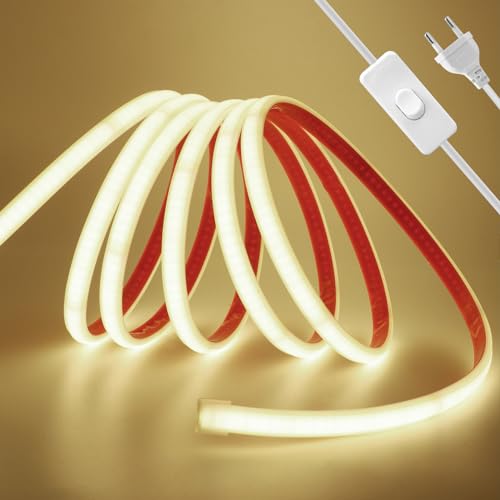 Wisada Anschluss an AC220-240V COB Streifen Selbstklebend mit ON/OFF Schalter, 14M 240LEDs/m Superhell Flexible FCOB LED Band (Schnitt alle 10cm), IP65 Naturweiß LED Leuchtband für Weihnachten von Wisada