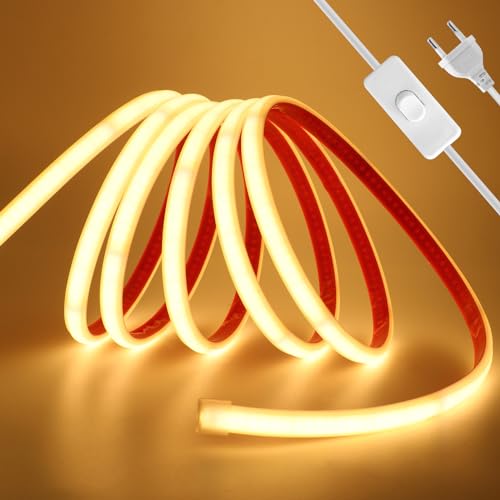 Wisada Anschluss an AC220-240V COB Streifen Selbstklebend mit ON/OFF Schalter, 9M 240LEDs/m Superhell Flexible FCOB LED Band (Schnitt alle 10cm), IP65 Warmweiß LED Leuchtband für Weihnachten von Wisada