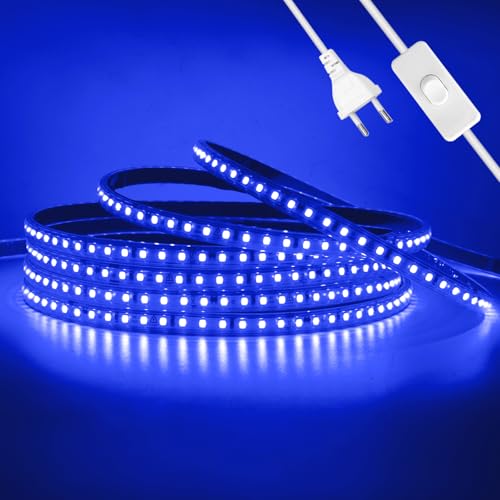 Wisada Anschluss an AC220-240V LED Streifen Selbstklebend mit ON/OFF Schalter, 0.5M 120LEDs/m 2835 SMD Flexible Superhell LED Band (Schnitt alle 10cm), IP65 Blau LED Leuchtband für Weihnachten von Wisada