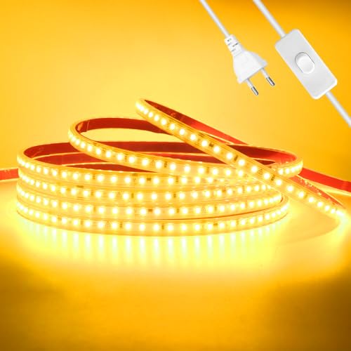 Wisada Anschluss an AC220-240V LED Streifen Selbstklebend mit ON/OFF Schalter, 0.5M 120LEDs/m 2835 SMD Flexible Superhell LED Band (Schnitt alle 10cm), IP65 Golden LED Leuchtband für Weihnachten von Wisada