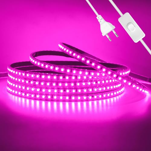 Wisada Anschluss an AC220-240V LED Streifen Selbstklebend mit ON/OFF Schalter, 0.5M 120LEDs/m 2835 SMD Flexible Superhell LED Band (Schnitt alle 10cm), IP65 Rosa LED Leuchtband für Weihnachten von Wisada