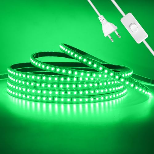 Wisada Anschluss an AC220-240V LED Streifen Selbstklebend mit ON/OFF Schalter, 100M 120LEDs/m 2835 SMD Flexible Superhell LED Band (Schnitt alle 10cm), IP65 Grün LED Leuchtband für Weihnachten von Wisada