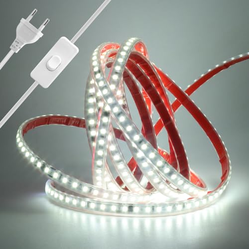 Wisada Anschluss an AC220-240V LED Streifen Selbstklebend mit ON/OFF Schalter, 15M 120LEDs/m 2835 SMD Flexible Superhell LED Band (Schnitt alle 10cm), IP65 Kaltweiß LED Leuchtband für Weihnachten von Wisada