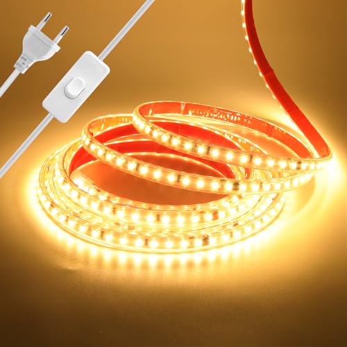 Wisada Anschluss an AC220-240V LED Streifen Selbstklebend mit ON/OFF Schalter, 15M 120LEDs/m 2835 SMD Flexible Superhell LED Band (Schnitt alle 10cm), IP65 Warmweiß LED Leuchtband für Weihnachten von Wisada