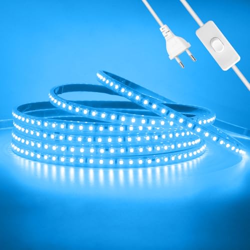 Wisada Anschluss an AC220-240V LED Streifen Selbstklebend mit ON/OFF Schalter, 6M 120LEDs/m 2835 SMD Flexible Superhell LED Band (Schnitt alle 10cm), IP65 Eisblau LED Leuchtband für Weihnachten von Wisada