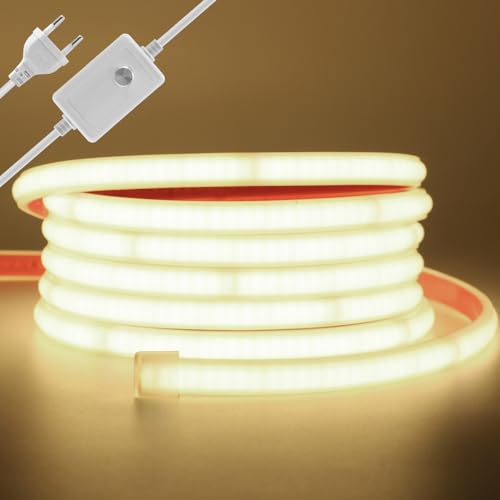 Wisada COB LED Band 14M, Wasserdicht IP65 Naturweiß Dimmbar LED Leuchtband Selbstklebend,240LEDs/m Superhell Flexible LED Strip(Schnitt alle 10cm), Anschluss an AC220-240V COB Streifen für Weihnachten von Wisada