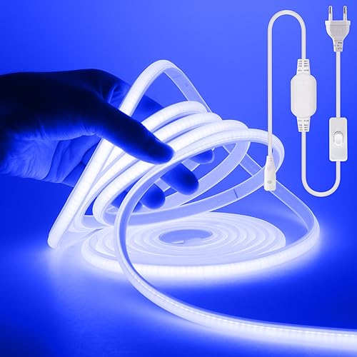 Wisada COB LED Band 20m, 220V 288 LEDs/m Superhell Blau FCOB Neon LED Streifen, Hohe Dichte Flexibler LED Lichtband, Wasserdicht Silikon LED Neonlicht mit Schaltstecker für Architekturbeleuchtung von Wisada