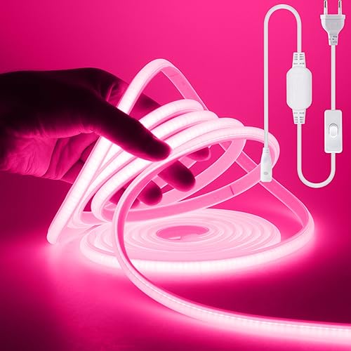 Wisada COB LED Band 3m, 220V 288 LEDs/m Superhell Rosa FCOB Neon LED Streifen, Hohe Dichte Flexibler LED Lichtband, Wasserdicht Silikon LED Neonlicht mit Schaltstecker für Architekturbeleuchtung von Wisada