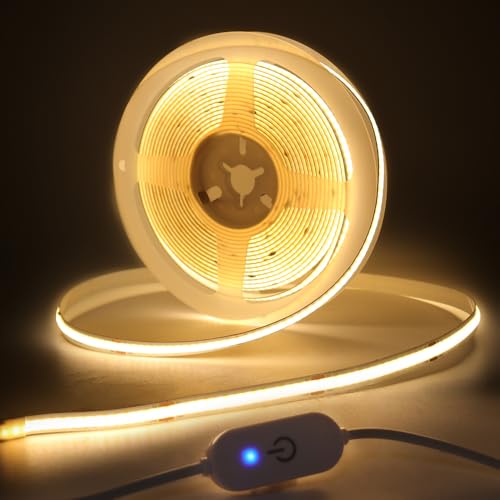 Wisada COB LED Streifen 2m, DC 5V 320 LEDs/m Dimmbar Flexibler LED Lichtband, Innenbereich Nicht Wasserdichte Warmweiß COB LED Band Lichterketten mit Löten Sie Weiß Touch Dimmer für Schrankbeleuchtung von Wisada