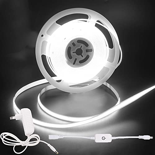 Wisada COB LED Streifen 3m, DC12V 320 LEDs/m Dimmbar Flexibler LED Lichtband, Innenbereich Nicht Wasserdichte Kaltes Weiß COB LED Band Lichterketten mit Berühren Dimmer & Netzteil für Hausschrank von Wisada