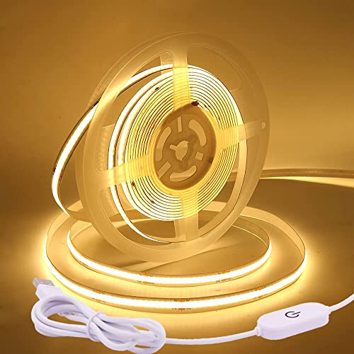 Wisada COB LED Streifen 5m, DC 5V 320 LEDs/m Dimmbar Flexibler LED Lichtband, Innenbereich Nicht Wasserdichte Warmweiß COB LED Band Lichterketten mit Löten Sie Weiß Touch Dimmer für Schrankbeleuchtung von Wisada