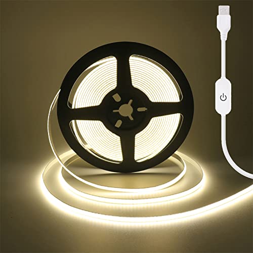 Wisada COB LED Streifen 5m, DC5V 320LEDs/m Flexibler LED Lichtband, Innenbereich Nicht Wasserdichte Natürliches Weiß USB Dimmbar LED Band Lichterketten für Party, Schrankbeleuchtung (FPCB:5MM) von Wisada