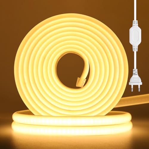 Wisada COB Neon LED Streifen, AC220-240V 288LEDs/m Superhell Flexible FCOB LED Leuchtband (Schnitt alle 50cm), COB LED Band mit Stromkabel für Weihnachten, Party Heim DIY Deko (Warmweiß, 5M) von Wisada