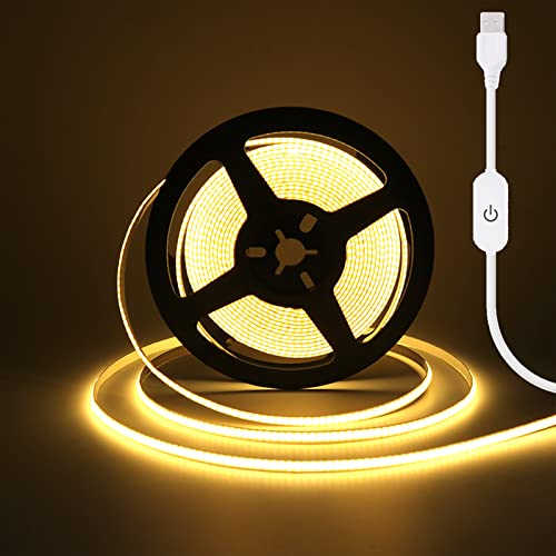 Wisada Dimmbar COB LED Streifen 2m, DC5V 320LEDs/m Flexibler LED Lichtband, Innenbereich Nicht Wasserdichte Warmweiß USB LED Band Lichterketten mit Löten Sie Weiß Touch Dimmer für Party(FPCB:5MM) von Wisada