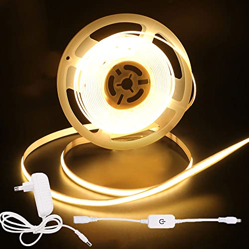 Wisada Dimmbar COB LED Streifen 4m, DC12V 320 LEDs/m Flexibler LED Lichtband, Innenbereich Nicht Wasserdichte Warmweiß COB LED Band Lichterketten mit Berühren Dimmer & Netzteil für Hausschrank von Wisada