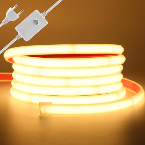 Wisada Dimmbar LED Band 14M, Wasserdicht IP65 Warmweiß LED Leuchtband Selbstklebend,240LEDs/m Superhell Flexible FCOB LED Strip(Schnitt alle 10cm), Anschluss an AC220-240V COB Streifen für Weihnachten von Wisada