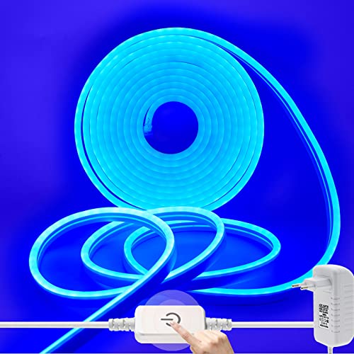 Wisada Dimmbar Neon LED Streifen 2m, 12V 2835 120LEDs/m Silikon Flexibler Neonstreifen, Blau Neon LED Lichtband mit Netzteil & Berühren Dimmer für Schlafzimmer Schrank von Wisada