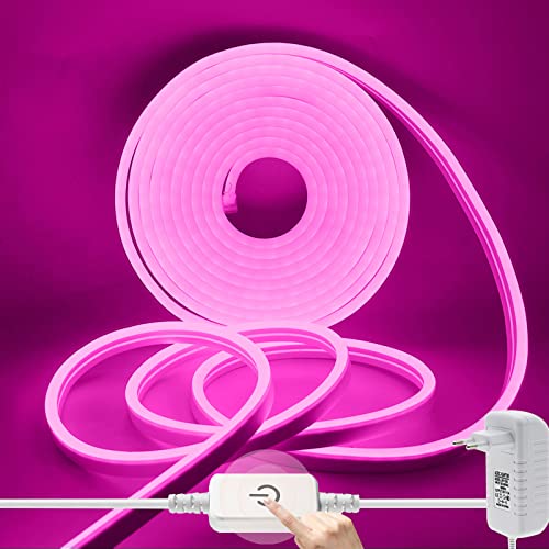 Wisada Dimmbar Neon LED Streifen 3m, 12V 2835 120LEDs/m Silikon Flexibler Neonstreifen, Rosa Neon LED Lichtband mit Netzteil & Berühren Dimmer für Schlafzimmer Schrank von Wisada