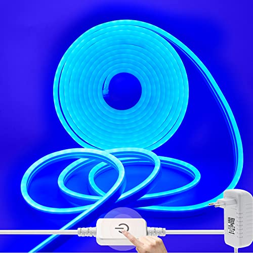 Wisada Dimmbar Neon LED Streifen 5m, 12V 2835 120LEDs/m Silikon Flexibler Neonstreifen, Blau Neon LED Lichtband mit Netzteil & Berühren Dimmer für Schlafzimmer Schrank von Wisada