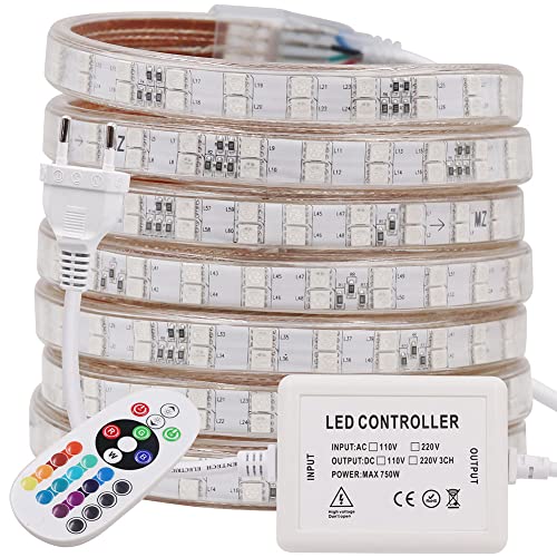 Wisada Doppelreihe RGB LED Streifen, 20M 220V 5050 120LEDs/m Flexibler Bunt Streifen, Innen Multi-Farbwechsel LED Lichtband mit 24 Tasten Fernbedienung und 750W RGB Regler für Schlafzimmer, Schrank von Wisada