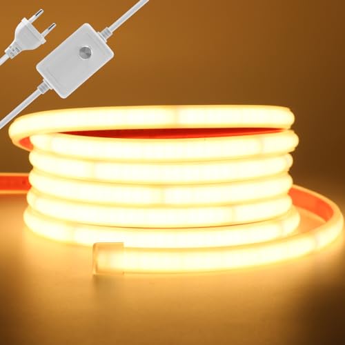 Wisada LED Band 12M, Wasserdicht IP65 Warmweiß Dimmbar LED Leuchtband Selbstklebend,240LEDs/m Superhell Flexible FCOB LED Strip(Schnitt alle 10cm), Anschluss an AC220-240V COB Streifen für Weihnachten von Wisada