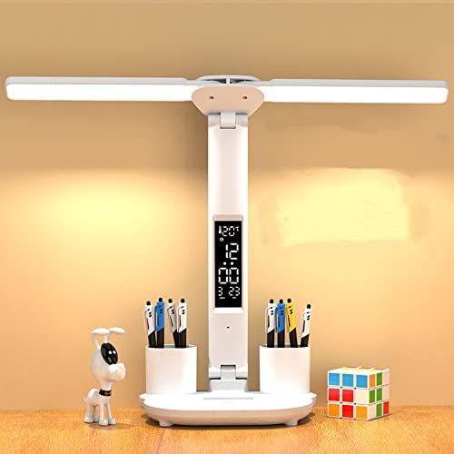 Wisada LED Doppelkopf Schreibtischlampe, 3 Farbtemperaturen, 5 Helligkeitsstufen Multifunktions Tischlampe Nachttischlampe mit Stifthalter für Schlafzimmer, Büro, Arbeitszimmer, Lesen von Wisada