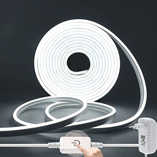 Wisada Neon LED Streifen 4m, 12V 2835 120LEDs/m Silikon Flexibler Neonstreifen, Dimmbar Kaltes Weiß Neon LED Lichtband mit Berühren Dimmer & Netzteil für Schlafzimmer von Wisada