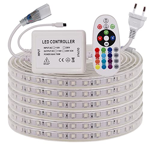 Wisada RGB LED Streifen, 3M 220V 5050 60LEDs/m Flexibler Bunt Streifen, Innen Multi-Farbwechsel LED Lichtband mit 24 Tasten Fernbedienung und 750W RGB Regler für Schlafzimmer, Schrank, Party von Wisada