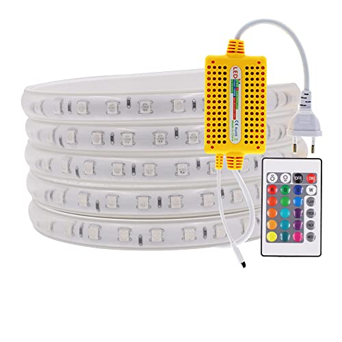 Wisada RGB LED Streifen,50M 220V SMD5050 60LEDs/m Flexibel Bunt Streifen, Außenbereich Multi-Farbwechsel LED Lichtband mit 24 Tasten Fernbedienung & 1000W Wasserdichte Regler für Wohnzimmer, Balkon von Wisada