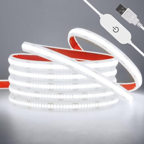 Wisada USB Dimmbar COB LED Streifen 0.5M, 5V 320LEDs/m Flexibler IP68 Außenlichtstreifen Lichterketten, Kaltweiß COB LED Lichtband mit Löten Sie Touch Dimmer für Weihnachten, Party-Deko von Wisada