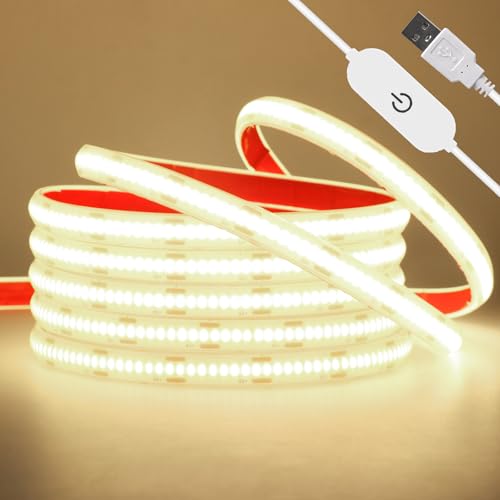 Wisada USB Dimmbar COB LED Streifen 1M, 5V 320LEDs/m Flexibler IP68 Außenlichtstreifen Lichterketten, Naturweiß COB LED Lichtband mit Löten Sie Touch Dimmer für Weihnachten, Party-Deko von Wisada