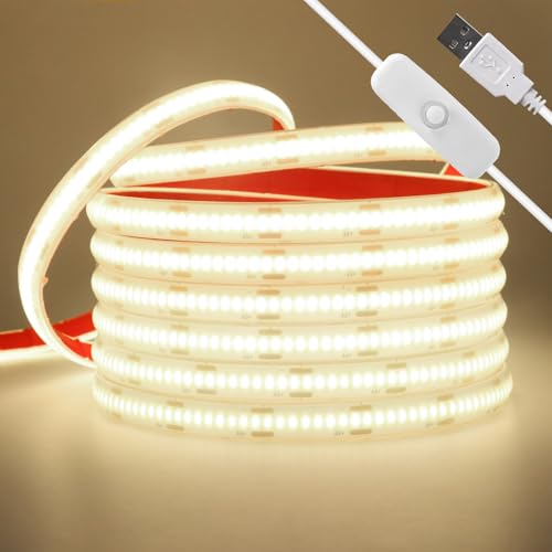 Wisada USB Pushbutton Switch COB LED Streifen 1M, 5V 320LEDs/m Flexibler IP68 Außenlichtstreifen Lichterketten, Naturweiß COB LED Lichtband mit Löten Sie Touch Dimmer für Weihnachten, Party-Deko von Wisada