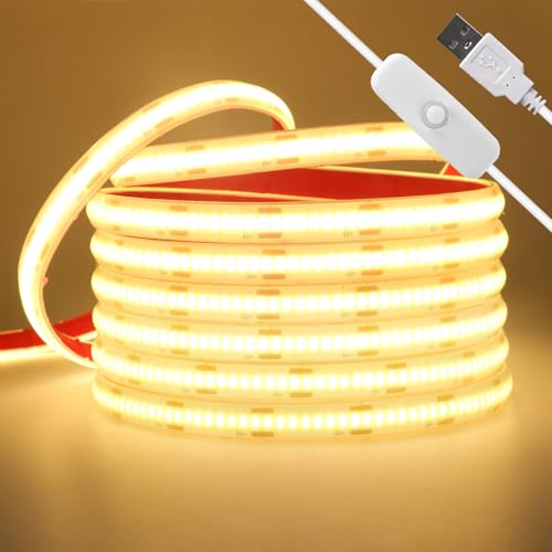 Wisada USB Pushbutton Switch COB LED Streifen 3M, 5V 320LEDs/m Flexibler IP68 Außenlichtstreifen Lichterketten, Warmweiß COB LED Lichtband mit Löten Sie Touch Dimmer für Weihnachten, Party-Deko von Wisada