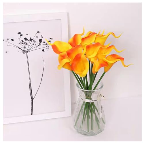 Wisafory 10 Stück Künstliche Calla Lily Kunstblumen Realistic Latex Calla Lilie Brautstrauß Künstliche Calla Real Touch Blumen Dekoration für Hochzeits Wohnzimmer Büro Hotel Küche Orange-gelb von Wisafory