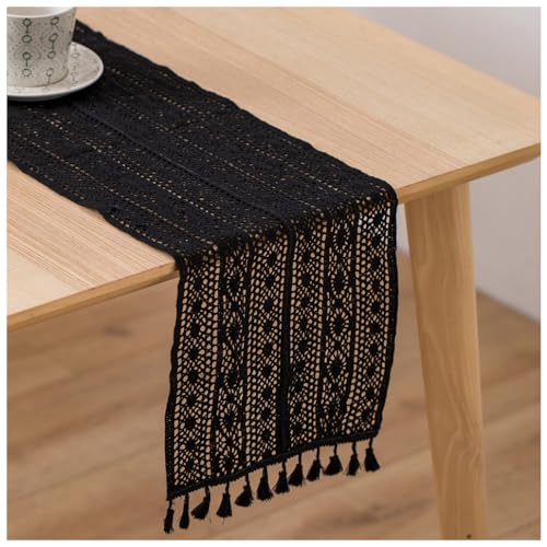 Wisafory Makramee Tischläufer Häkelspitze Tischdecke Tischdeko Spitze Boho Tischwäsche mit Quasten Rechteckige Gehäkelte Mesh Tischläufer Table Runner für Küche Essen Hochzeit Party Schwarz von Wisafory