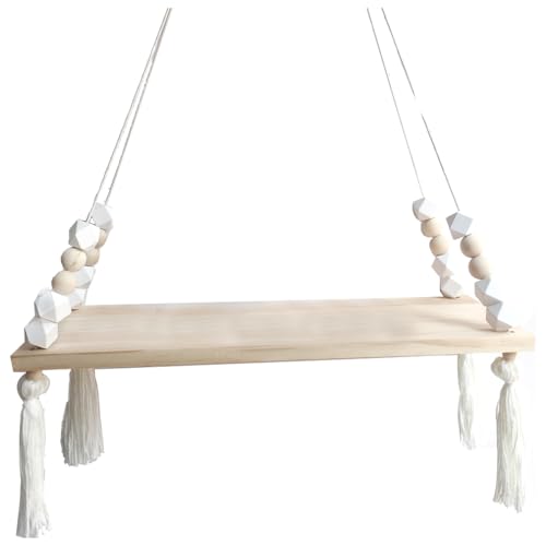 Wisafory Wandregal Holz Regal Schweberegal Makramee Holz Ständer Hängeregal mit Perlen und Quaste Wandregal Wanddekoration für Badezimmer Wohnzimmer Schlafzimmer Kinderzimmer Weiß von Wisafory