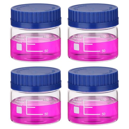 Wisboey 4er-Pack Flaschen Zur Aufbewahrung Von Reagenzienmedien, 150 Ml Runde Weithalsflaschen Aus Borosilikatglas mit Graduierung und GL32-Schraubverschluss von Wisboey