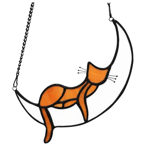 Wisboey Orangefarbener Katzen-Denkmal-Buntglas-Fensterbehang, Schlafende Katze, Sonnenfänger für von Wisboey