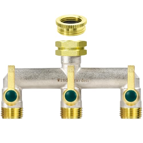 Wasserverteiler 3fach, Durchflussstarker 3 Wege Verteiler Wasser, Vernickelt Messing Wasserhahn Verteiler, Garten Verteiler 3 Wege mit Grün Verlängerungsgriffen,3/4 Zoll Robustheit Sechskantverbindung von Wisdomgarden
